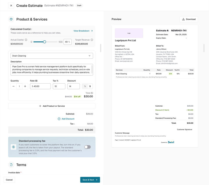 Web: step 2, Product and Services: calculated costs and the target margin over Drain Cleaning with rate, tax and discount