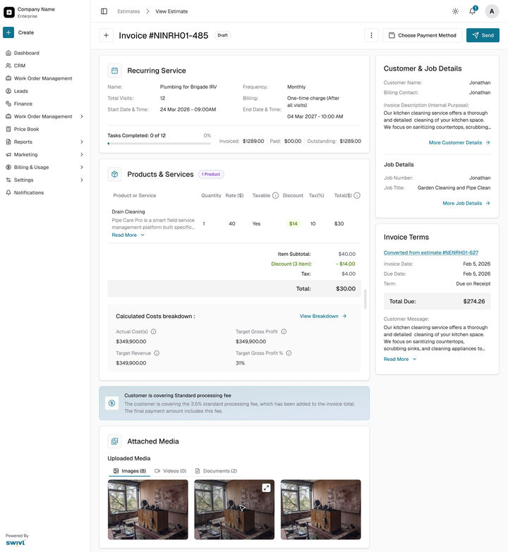 Web: the invoice for a one-time charge (after all visits): 0 of 12 completed, invoiced $1289, nothing paid yet