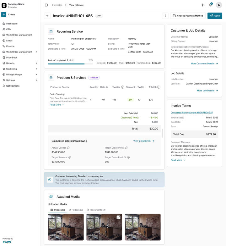 Web: invoice #NINRH01-485 Draft with the Recurring Service summary on top: Recurring Charge (per visit), 8 of 12 tasks completed, invoiced $1289, paid $1136, outstanding $362