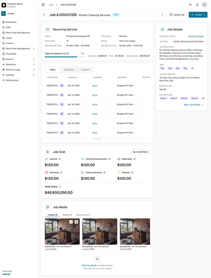 Web: job #JSSS01186 Open: the Recurring Service card with Tasks Completed 8 of 12, invoiced $1289, paid $1136, outstanding, then the tasks, job cost and media