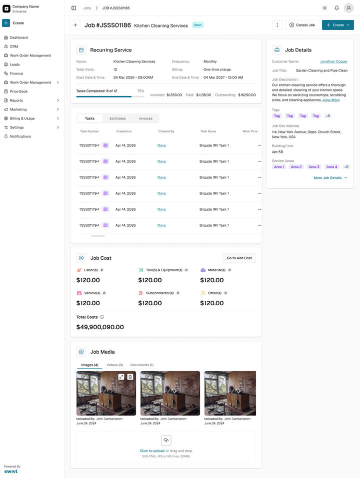 Web: the job with its task list, every visit a task with the calendar icon