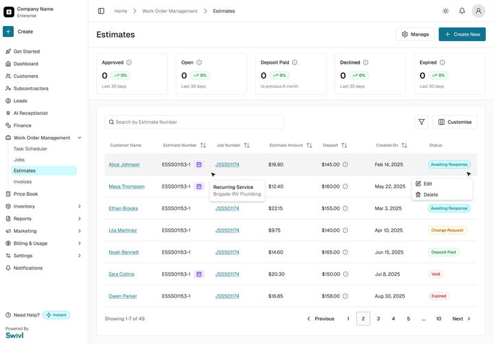Web: the Estimates list with the recurring icon beside an estimate number and its tooltip, Recurring Service, Brigade IRV Plumbing