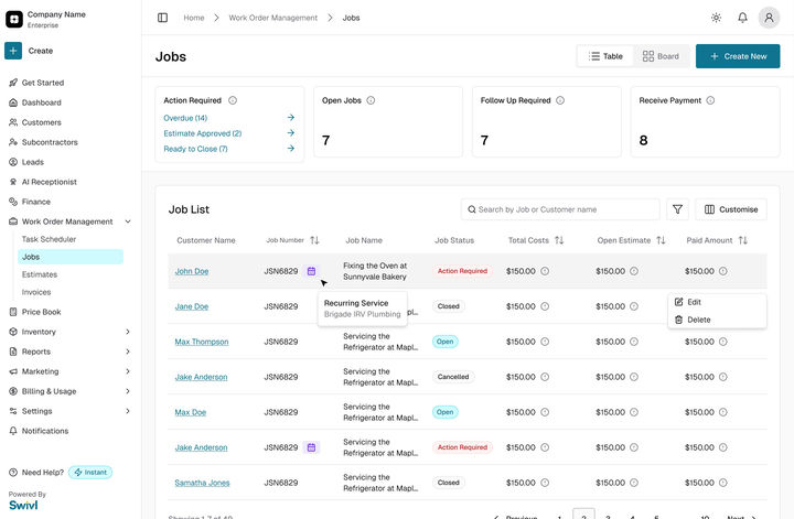 Web: the Jobs list with the recurring icon and its tooltip on a job