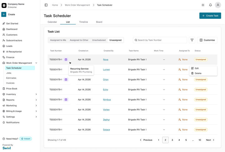 Web: the Task Scheduler list, recurring tasks marked with the icon, Unassigned