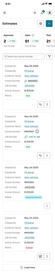 Mobile web, full screen capture: estimates list