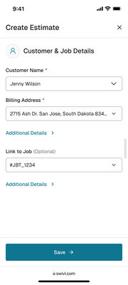 Mobile web, full screen capture: customer and job details