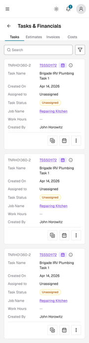 Mobile web, full screen capture: tasks and financials