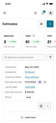 Mobile web, full screen capture: estimates list, recurring icon