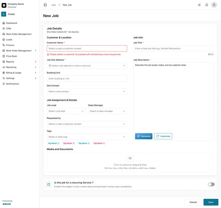 Web: New Job with the customer left empty and its message