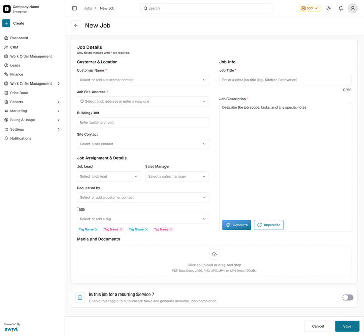 Web: New Job, empty, with Is this job for a recurring service? switched off at the foot
