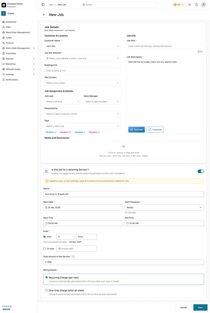Web: New Job with the question switched on and the same schedule card: name, start date, frequency, times, ends and billing