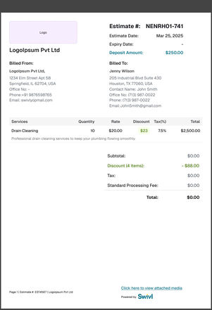 The estimate PDF the customer signs, page 1: billed from and to, Drain Cleaning, 10 at $230 with a $23 discount, and the totals