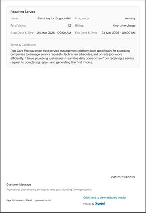 The estimate PDF, page 2: the Recurring Service summary, Plumbing for Brigade IRV, monthly, 12 visits, one-time charge, the terms and the customer signature