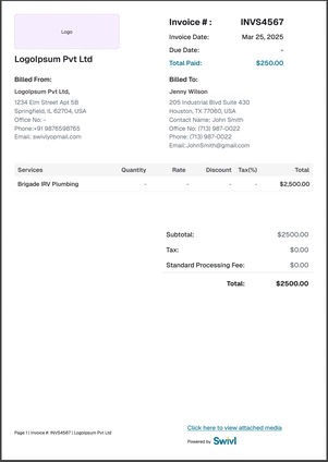 The invoice PDF: invoice INVS4567, Brigade IRV Plumbing, $2,500 and the totals