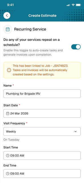 The app: Create Estimate under the teal bar, Recurring Service switched on, one field per row