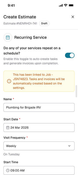 Mobile web: Create Estimate, Recurring Service switched on, one field per row, linked to job JSN74823