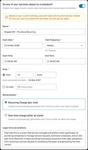 Web: the card, fields side by side, ending after 12 visits and billed per visit