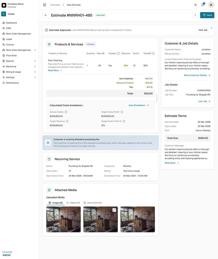 Web: the estimate Approved, with the banner Job #JNRH01400 (Recurring) has been created with 12 tasks, and Visit Job