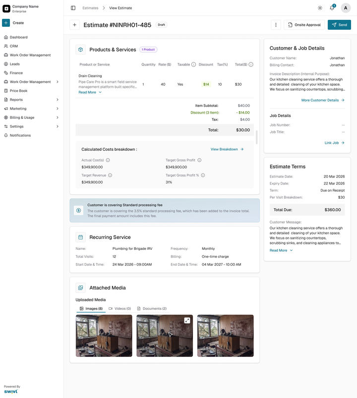Web: estimate #NINRH01-485 in Draft, with Onsite Approval and Send, products, customer details, terms, the Recurring Service card and attached media