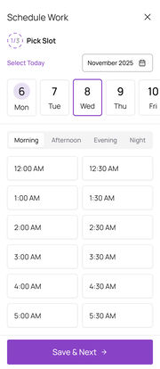 Mobile web, Pick Slot: the date strip with Wednesday the 8th chosen, the time-of-day tabs and two columns of slots, Save and Next at the bottom