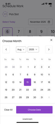 Mobile web, the Choose Month sheet sliding up over the dimmed step: August 2025 with the 15th chosen, Clear All and Choose Date