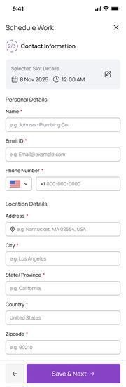 Mobile web, Contact Information at full length: the slot pinned, one field per row, Save and Next