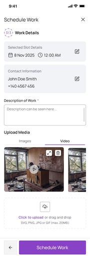 Mobile web, Work Details: slot and contact pinned, a description box and a video of the job, Schedule Work