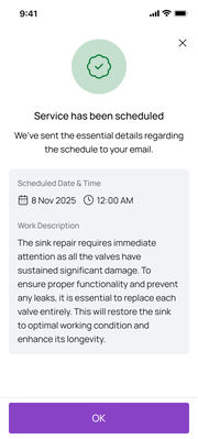 Mobile web, the confirmation: Service has been scheduled, with the date, time and work description, and an OK button