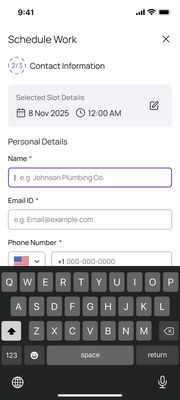 Mobile web, the contact form with the Name field active and the phone&rsquo;s own keyboard open
