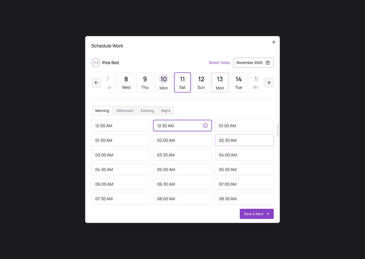 Web, step 1 of 3, Pick Slot: the booking window over the business&rsquo;s dimmed site, a date strip with Saturday the 11th chosen, Morning to Night tabs and half-hour slots