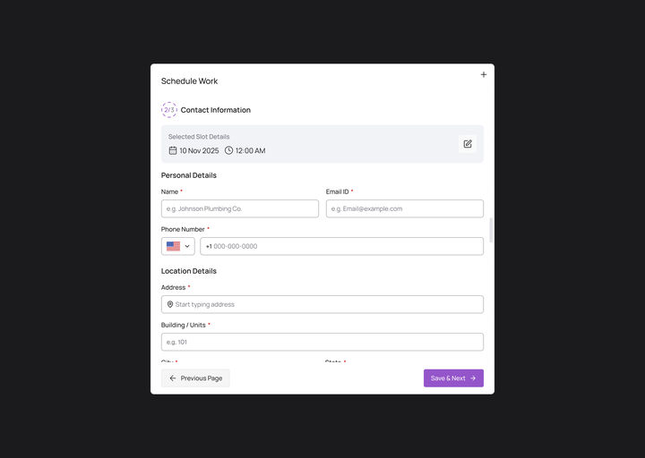 Web, step 2 of 3, Contact Information: the chosen slot pinned on top, name, email, phone and address fields