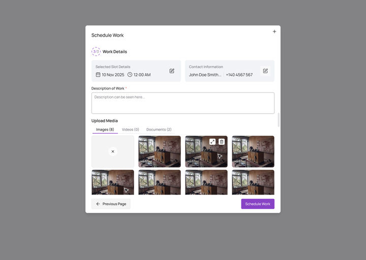 Web, step 3 of 3, Work Details: slot and contact pinned and editable, a description box and eight photos of a kitchen sink under Upload Media