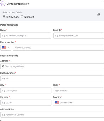 The Contact Information form at full length: personal details, phone with a country code, address, building, city, state, zip code, country and address notes