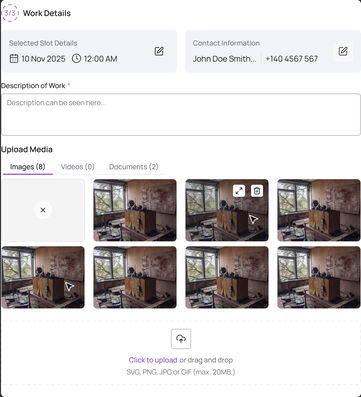 The Work Details form at full length: the description of work, Images, Videos and Documents tabs, eight photos and the upload area