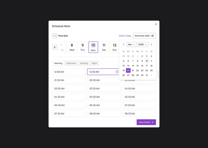 Web, the month calendar dropped down from the November 2025 button, with month and year selectors and the 20th chosen