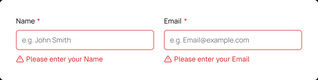 Field errors: the Name and Email fields outlined in red, with Please enter your Name and Please enter your Email under them