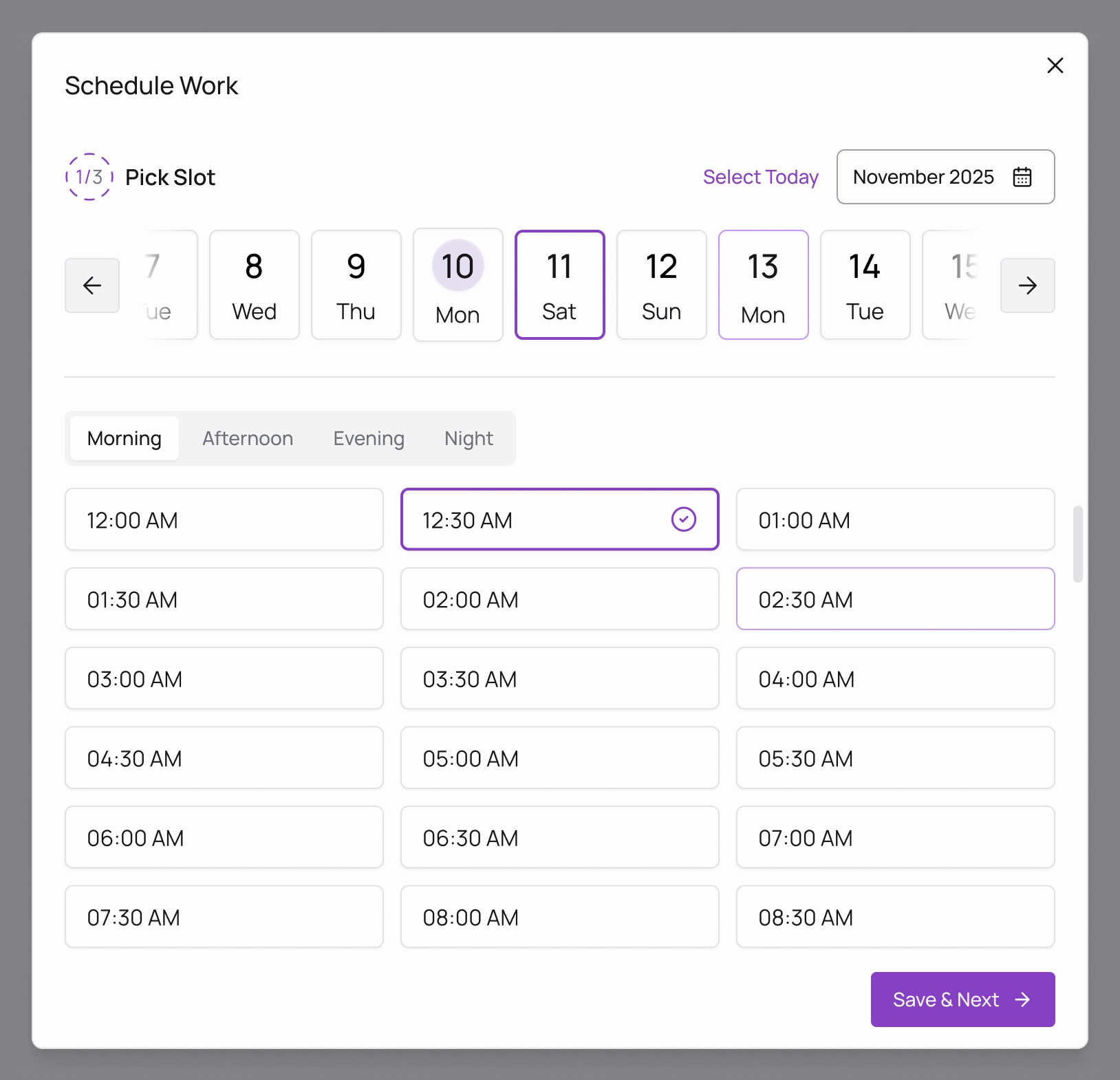 The Scheduler booking window on the web, step 1 of 3, Pick Slot: a date strip with Monday 10 November, Select Today, the November 2025 calendar button, Morning, Afternoon, Evening and Night tabs, and half-hour slots with 12:30 AM chosen
