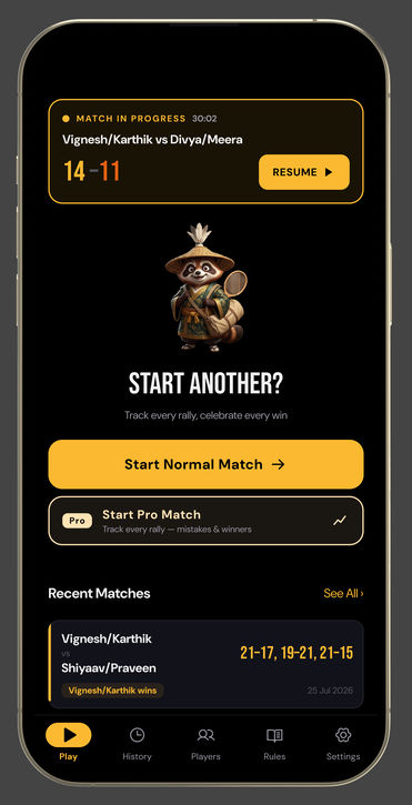 Home: a match in progress at 14-11 with Resume, Start Another?, Start Normal Match and Start Pro Match, and recent matches