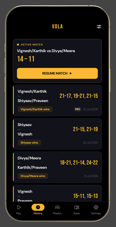 History: the active match with Resume Match, then finished matches with their game scores and winners