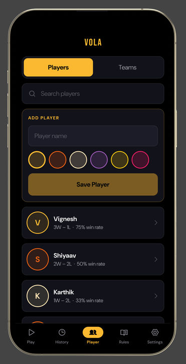 Players: add a player with a name and a colour, then saved players with their wins, losses and win rate