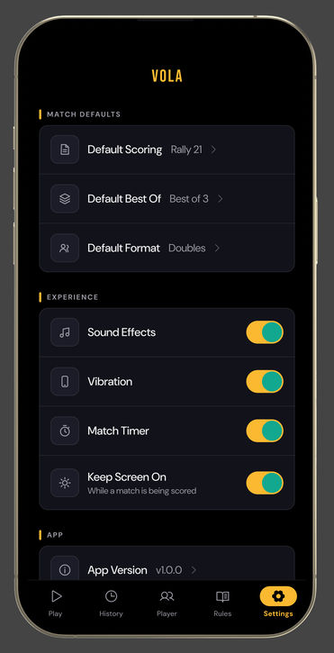 Settings: match defaults for scoring, best of and format, then sound effects, vibration, match timer and keep screen on