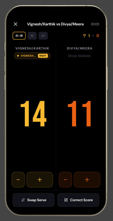 The scoreboard: Vignesh and Karthik 14, Divya and Meera 11, the server and his court named, plus and minus for each side, Swap Serve and Correct Score