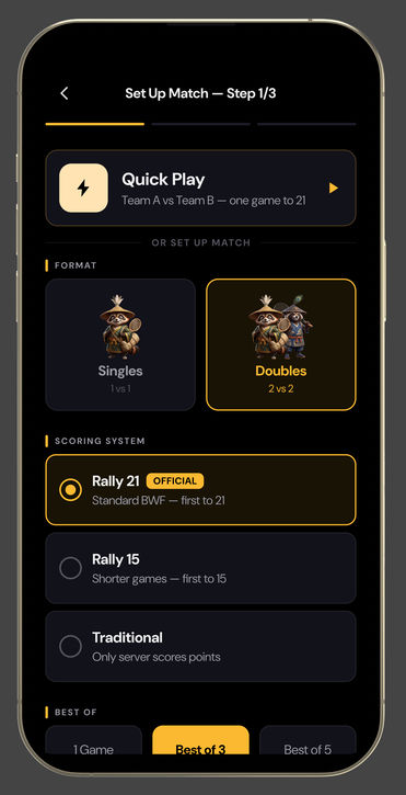 Set Up Match, step 1 of 3: Quick Play, singles or doubles, Rally 21, Rally 15 or Traditional scoring, and best of 1, 3 or 5