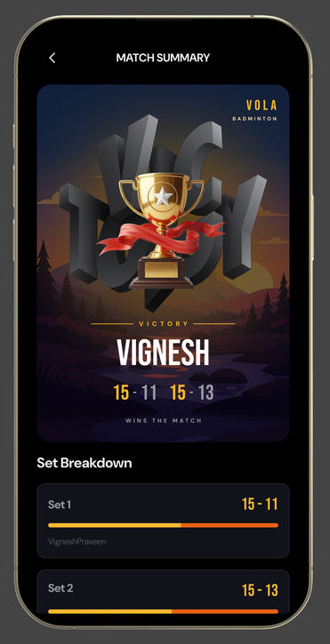 Match summary: the victory card for Vignesh, 15-11 and 15-13, and the set breakdown