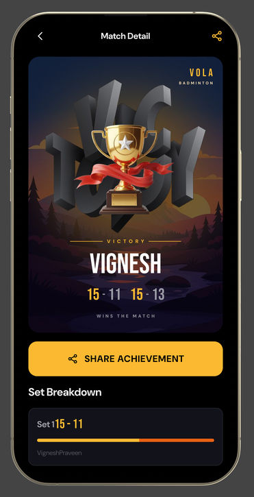 Match detail reopened from the history: the victory card, Share Achievement and the set breakdown